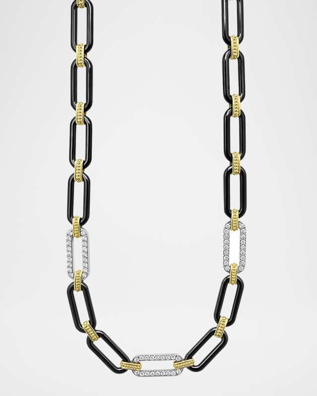 18K Gold Signature Caviar and Black Ceramic Toggle Necklace with Diamonds, 20mm, 18"L